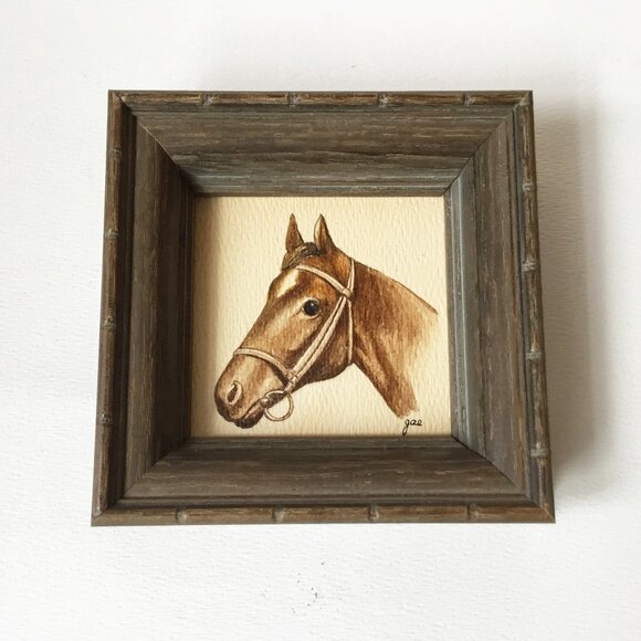 Vintage Horse Head Equestrian Art Painting Wooden Frame Signed gae - Picture 1 of 6